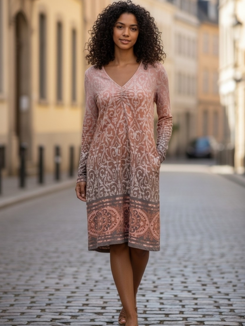 Dakini Rose-Taupe Printed V‑Neck Long Sleeve Dress